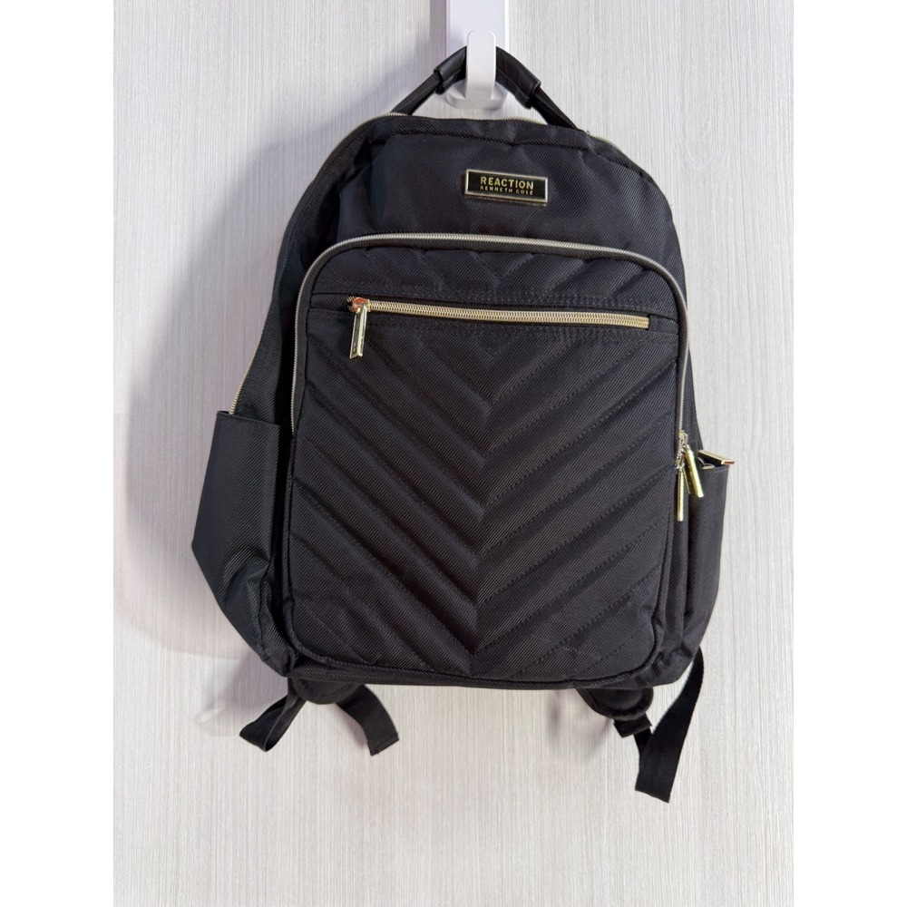Kenneth Cole Reaction Black Quilted Nylon Laptop Backpack Gold Hardware Travel